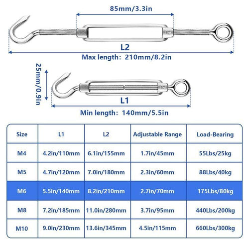 TooTaci 5PCS M6 Turnbuckle 304 Stainless Steel Turnbuckle Hook and Eye, Heavy Duty M6 M8 M10 Tensioner Adjustable Shade Sail Hardware for Cables Wire 3/16" 1/4" 5/16" /3/8", Railing, Clothesline