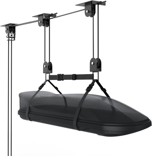 TooTaci Cargo Box Pulley System for Garage, Heavy Duty Ceiling Storage Lift with 3 Metal Pulley Hold Up to 150lbs, Garage Hoist System for Kayak, Roof Box, Ladders, Easy Lift, Fit 10-14 Foot Ceilings