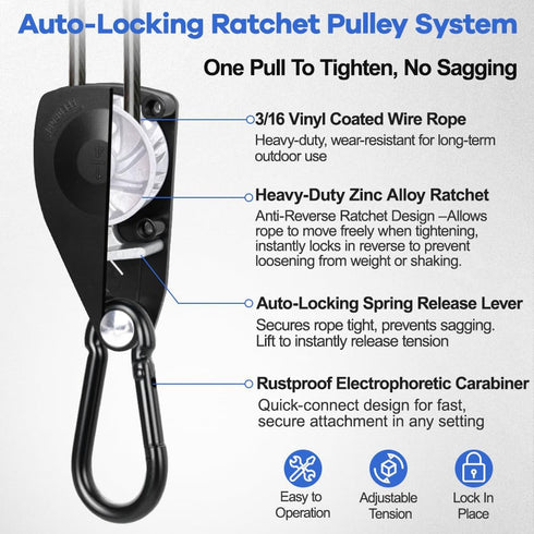 TooTaci 15ft Outdoor Clothesline Kit, 3/16" Black PVC Coated Wire Rope Heavy Duty Portable Clothes Line Kit with Self-Locking Pulley, Screw Hook & Snap Hook for Camping, Backyard, Balcony, Travel