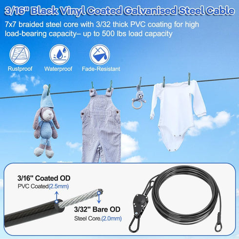TooTaci 15ft Outdoor Clothesline Kit, 3/16" Black PVC Coated Wire Rope Heavy Duty Portable Clothes Line Kit with Self-Locking Pulley, Screw Hook & Snap Hook for Camping, Backyard, Balcony, Travel