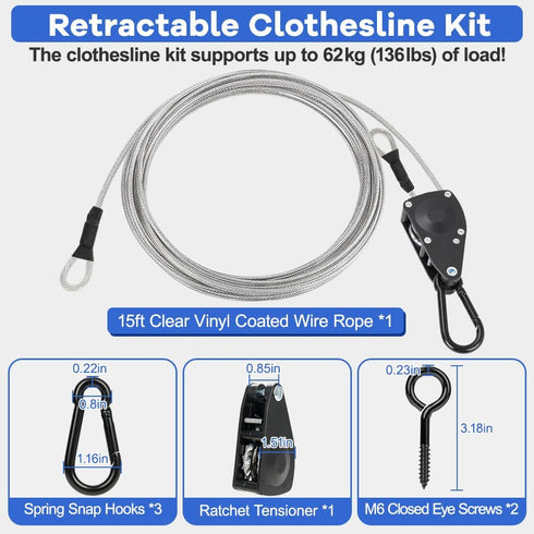 TooTaci 15ft Outdoor Clothesline Kit, 3/16" PVC Coated Wire Rope Heavy Duty Portable Clothes Line Kit with Self-Locking Pulley, Screw Hook & Snap Hook for Camping, Backyard, Balcony, Travel