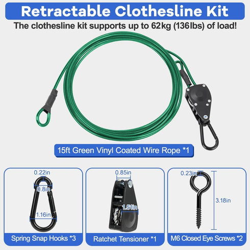 TooTaci 15ft Outdoor Clothesline Kit, 3/16" Green PVC Coated Wire Rope Heavy Duty Portable Clothes Line Kit with Self-Locking Pulley, Screw Hook & Snap Hook for Camping, Backyard, Balcony, Travel