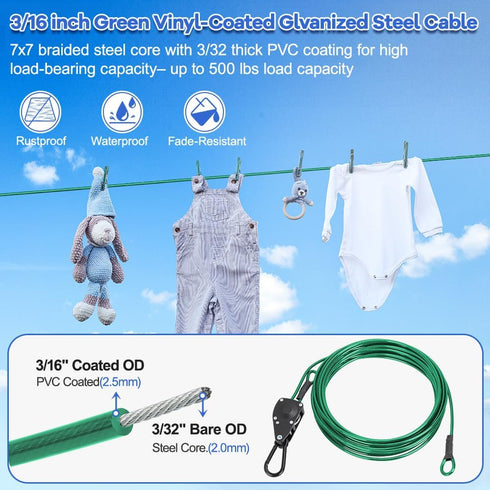 TooTaci 15ft Outdoor Clothesline Kit, 3/16" Green PVC Coated Wire Rope Heavy Duty Portable Clothes Line Kit with Self-Locking Pulley, Screw Hook & Snap Hook for Camping, Backyard, Balcony, Travel