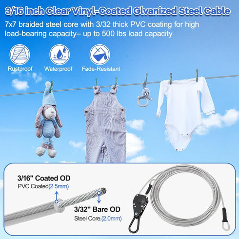 TooTaci 15ft Outdoor Clothesline Kit, 3/16" PVC Coated Wire Rope Heavy Duty Portable Clothes Line Kit with Self-Locking Pulley, Screw Hook & Snap Hook for Camping, Backyard, Balcony, Travel