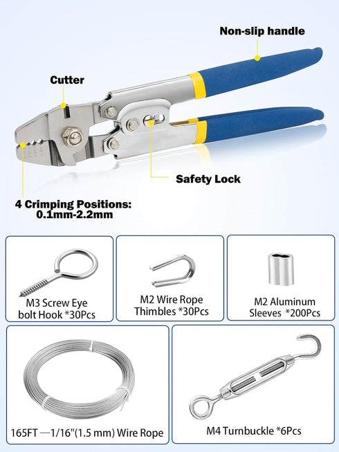 TooTaci 165ft 1/16 Stainless Steel Cable with Wire Rope Crimping Tool, Turnbuckles for Cables Wire Tension Kit for Garden Trellis for Climbing Plants, String Lights Hanging, Picture Hanging