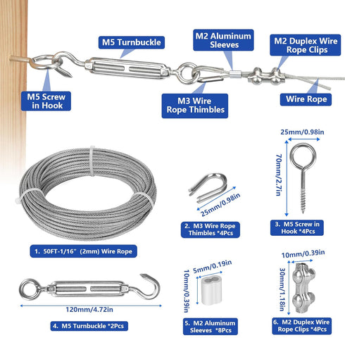 TooTaci 1/16 Wire Rope Kit, 50ft Vinyl Coated Stainless Steel Cable, 7x7 Strand Tension Cable for String Light Hanging Kit, M5 Turnbuckles for Cables Wire Trellis for Climbing Plants