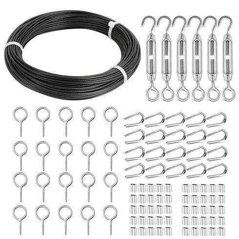 TooTaci 1/16 Wire Rope Kit, 100ft Black Vinyl Coated Stainless Steel Cable with M4 Turnbuckle Tensioner - Wire Trellis Kit for Climbing Plants, Outdoor String Light Hanging, Picture Hanging