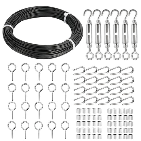 TooTaci 1/16 Wire Rope Kit, 100ft Black Vinyl Coated Stainless Steel Cable with M4 Turnbuckle Tensioner - Wire Trellis Kit for Climbing Plants, Outdoor String Light Hanging, Picture Hanging