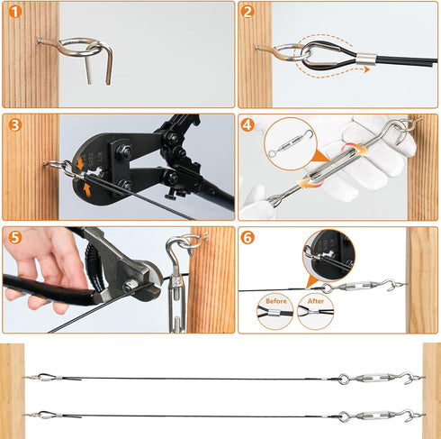 TooTaci 1/16" Wire Rope Kit, 200FT 1/16 Black Vinyl Coated Stainless Steel Cable with Wire Rope Crimping Tool Kit & Turnbuckle, Tension Cable for String Light Hanging, Garden Trellis, Curtain