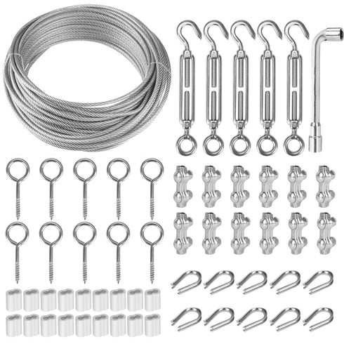 TooTaci 1/16 Wire Rope Kit, 50ft Vinyl Coated Stainless Steel Cable, 7x7 Strand Tension Cable for String Light Hanging Kit, M5 Turnbuckles for Cables Wire Trellis for Climbing Plants