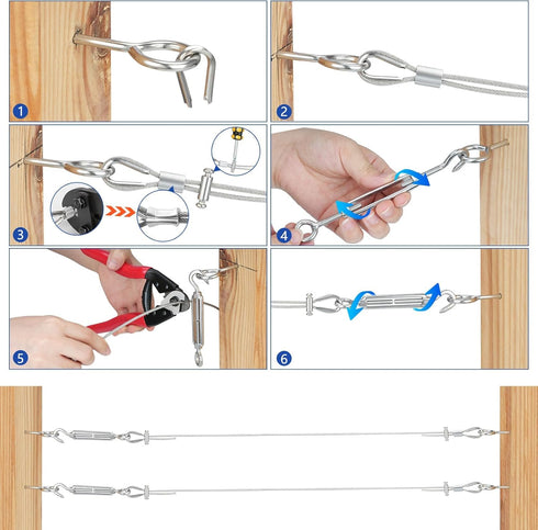 TooTaci 1/8" Wire Rope Kit, 50FT Vinyl Coated Stainless Steel Cable with M5 Turnbuckles for Cables Wire, String Light Hanging Kit for Garden Trellis, Curtain, Clothes line