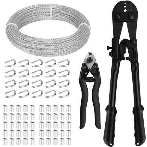TooTaci 1/8 Stainless Steel Cable Kit, 150ft 1/8 Wire Rope with Crimping Tool & Cutter, Turnbuckle Wire Tensioner Kit, 7×7 Strands Aircraft Cable for Deck Railing, String Light Hanging, Curtain