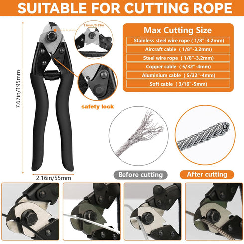 TooTaci 1/8 Stainless Steel Cable Kit, 150ft 1/8 Wire Rope with Crimping Tool & Cutter, Turnbuckle Wire Tensioner Kit, 7×7 Strands Aircraft Cable for Deck Railing, String Light Hanging, Curtain