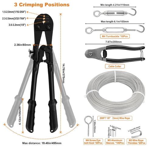 TooTaci 1/8" Stainless Steel Cable Wire Rope, 200ft Vinyl Coated Steel Cable with Wire Rope Crimping Tool & Cutter, Turnbuckles for Cables Wires, Hanging Clothes, String Lights Hanging