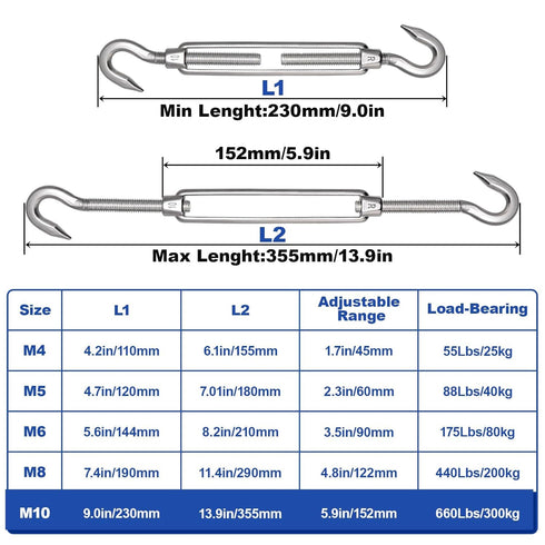 TooTaci 10PCS M10 Turnbuckle 304 Stainless Steel Turnbuckle Hook and Hook, Heavy Duty M6 M8 M10 Tensioner Adjustable Shade Sail Hardware for Cables Wire 3/16" 1/4" 5/16" /3/8", Trampoline, Tent, Tarps