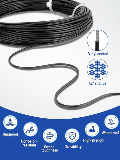 TooTaci 1/16 Wire Rope Kit, 100ft Black Vinyl Coated Stainless Steel Cable with M4 Turnbuckle Tensioner - Wire Trellis Kit for Climbing Plants, Outdoor String Light Hanging, Picture Hanging