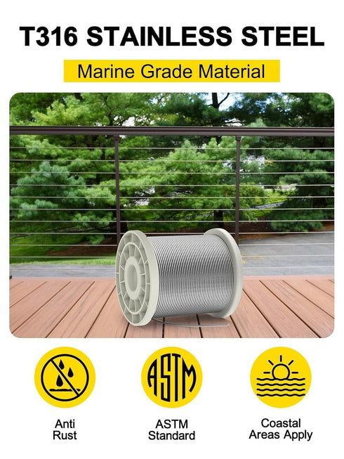 TooTaci 3/16 Wire Rope Cable, 100ft T316 Stainless Steel Cable 3/16 inch, 7×19 Strands Marine Grade Aircraft Cable Braided Steel Cable for 3/16 Cable Railing Kit, Wire Railing for Deck, Porch, Boat