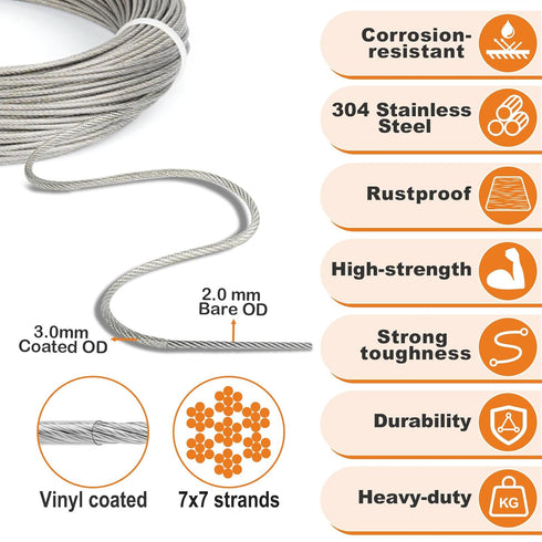 TooTaci 1/8" Stainless Steel Cable Wire Rope, 200ft Vinyl Coated Steel Cable with Wire Rope Crimping Tool & Cutter, Turnbuckles for Cables Wires, Hanging Clothes, String Lights Hanging