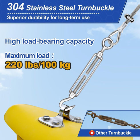 TooTaci 5PCS M6 Turnbuckle 304 Stainless Steel Turnbuckle Hook and Eye, Heavy Duty M6 M8 M10 Tensioner Adjustable Shade Sail Hardware for Cables Wire 3/16" 1/4" 5/16" /3/8", Railing, Clothesline