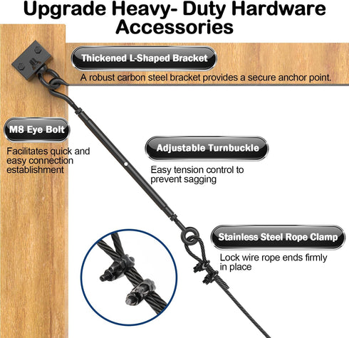 TooTaci 2 Pack Anti Sag Gate Kit with T316 3/16" Stainless Steel Cable 9ft, Heavy Duty Anti-Sag Gate Support Cable Kit Gate Hardware, Turnbuckle & Corner Brackets for Wooden Fence Repair, Black