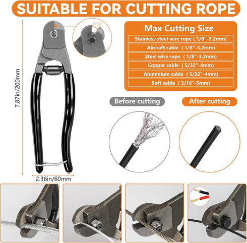 TooTaci 1/16" Wire Rope Kit, 200FT 1/16 Black Vinyl Coated Stainless Steel Cable with Wire Rope Crimping Tool Kit & Turnbuckle, Tension Cable for String Light Hanging, Garden Trellis, Curtain