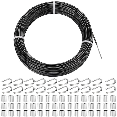 TooTaci 1/8 Black Vinyl Coated Stainless Steel Cable, 100ft Wire Rope with 50pcs Crimping Sleeves and 20pcs Thimbles, 7x7 Strand Core Metal Cable for String Light, Shade Sail, Clothesline, Curtain