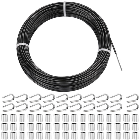TooTaci 1/8 Black Vinyl Coated Stainless Steel Cable, 100ft Wire Rope with 50pcs Crimping Sleeves and 20pcs Thimbles, 7x7 Strand Core Metal Cable for String Light, Shade Sail, Clothesline, Curtain