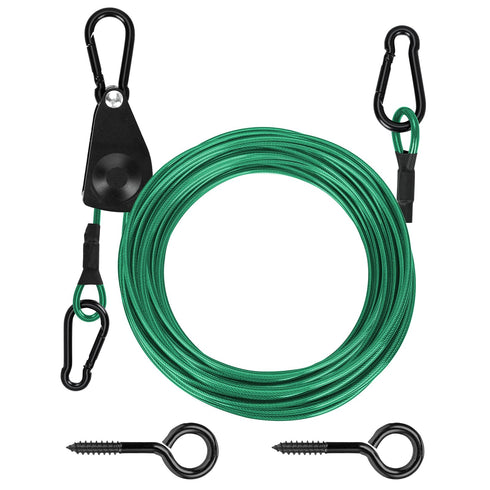 TooTaci 15ft Outdoor Clothesline Kit, 3/16" Green PVC Coated Wire Rope Heavy Duty Portable Clothes Line Kit with Self-Locking Pulley, Screw Hook & Snap Hook for Camping, Backyard, Balcony, Travel