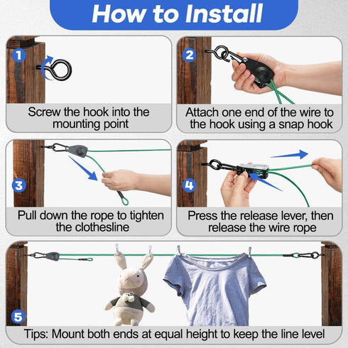 TooTaci 15ft Outdoor Clothesline Kit, 3/16" Green PVC Coated Wire Rope Heavy Duty Portable Clothes Line Kit with Self-Locking Pulley, Screw Hook & Snap Hook for Camping, Backyard, Balcony, Travel