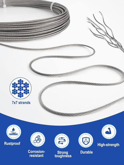 TooTaci 165ft 1/16 Stainless Steel Cable with Wire Rope Crimping Tool, Turnbuckles for Cables Wire Tension Kit for Garden Trellis for Climbing Plants, String Lights Hanging, Picture Hanging