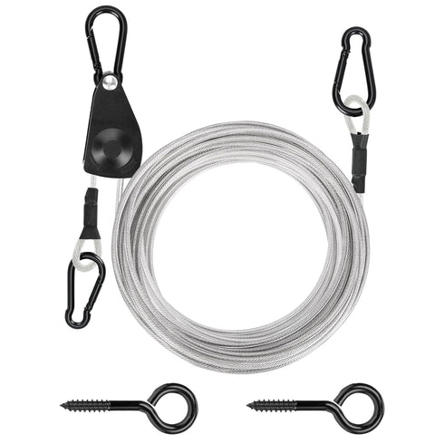 TooTaci 15ft Outdoor Clothesline Kit, 3/16" PVC Coated Wire Rope Heavy Duty Portable Clothes Line Kit with Self-Locking Pulley, Screw Hook & Snap Hook for Camping, Backyard, Balcony, Travel