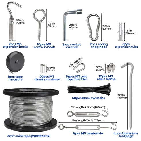 TooTaci 1/8" Wire Rope Kit, 200FT Black Vinyl Coated Stainless Steel Wire Cable, 7×7 Strands Core, M5 Turnbuckles for Cables Wire, Tension Wire for String Light Hanging Kit, Clothesline, Garden Wire
