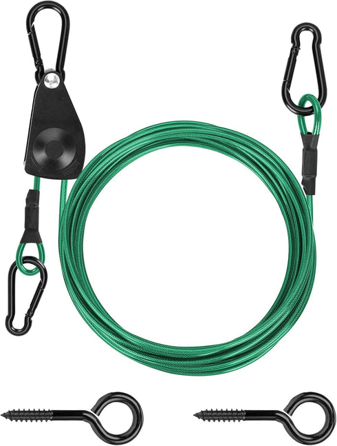 TooTaci 15ft Outdoor Clothesline Kit, 3/16" Green PVC Coated Wire Rope Heavy Duty Portable Clothes Line Kit with Self-Locking Pulley, Screw Hook & Snap Hook for Camping, Backyard, Balcony, Travel