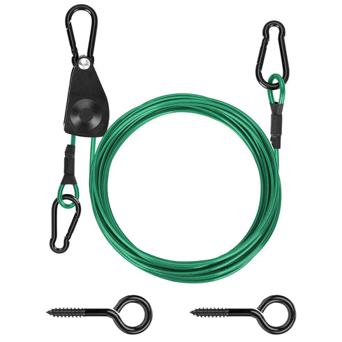 TooTaci 15ft Outdoor Clothesline Kit, 3/16" Green PVC Coated Wire Rope Heavy Duty Portable Clothes Line Kit with Self-Locking Pulley, Screw Hook & Snap Hook for Camping, Backyard, Balcony, Travel