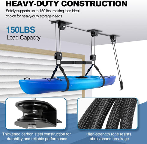 TooTaci Cargo Box Pulley System for Garage, Heavy Duty Ceiling Storage Lift with 3 Metal Pulley Hold Up to 150lbs, Garage Hoist System for Kayak, Roof Box, Ladders, Easy Lift, Fit 10-14 Foot Ceilings