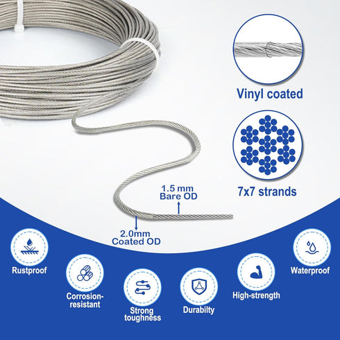TooTaci 1/16 Wire Rope Kit, 165ft Vinyl Coated Stainless Steel Cable with M5 Turnbuckles for Cables Wire Tension Kit for Garden Trellis, Curtain, String Light Hanging