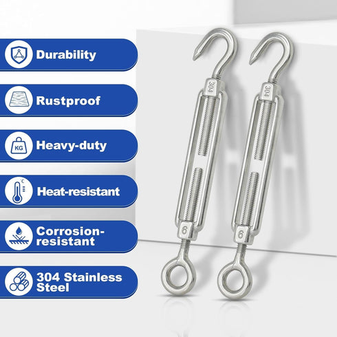 TooTaci 5PCS M6 Turnbuckle 304 Stainless Steel Turnbuckle Hook and Eye, Heavy Duty M6 M8 M10 Tensioner Adjustable Shade Sail Hardware for Cables Wire 3/16" 1/4" 5/16" /3/8", Railing, Clothesline