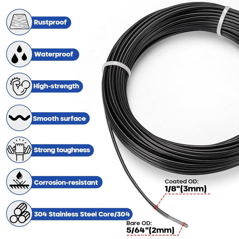 TooTaci 1/8 Black Vinyl Coated Stainless Steel Cable, 100ft Wire Rope with 50pcs Crimping Sleeves and 20pcs Thimbles, 7x7 Strand Core Metal Cable for String Light, Shade Sail, Clothesline, Curtain