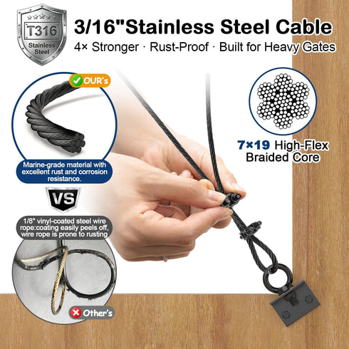 TooTaci 2 Pack Anti Sag Gate Kit with T316 3/16" Stainless Steel Cable 9ft, Heavy Duty Anti-Sag Gate Support Cable Kit Gate Hardware, Turnbuckle & Corner Brackets for Wooden Fence Repair, Black
