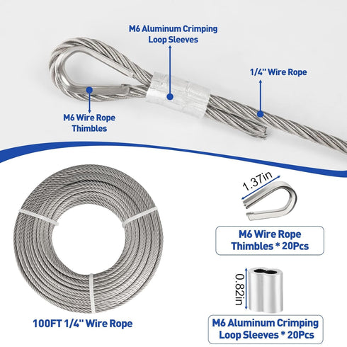 TooTaci 1/4 Stainless Steel Cable, 100ft 1/4 Wire Rope with Thimbles and Aluminum Crimping Sleeves, 7x19 Strands, 6400lbs Breaking Strength Heavy Duty Aircraft Cable for Yard Zipline, Boat Lift