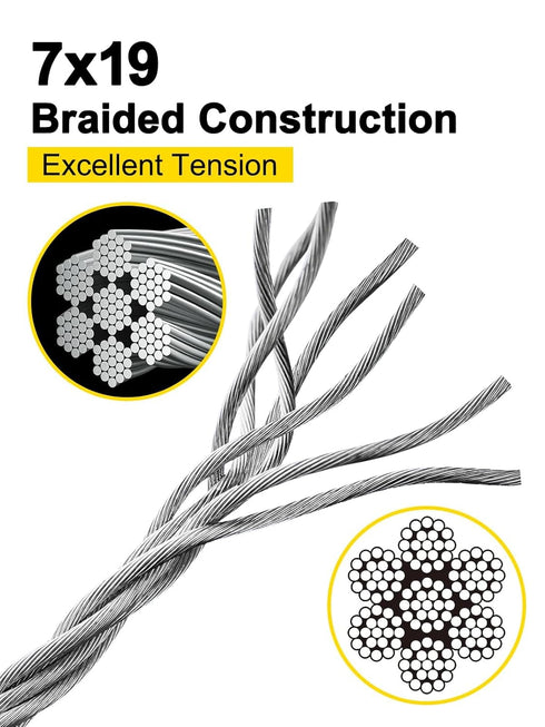 TooTaci 3/16 Wire Rope Cable, 100ft T316 Stainless Steel Cable 3/16 inch, 7×19 Strands Marine Grade Aircraft Cable Braided Steel Cable for 3/16 Cable Railing Kit, Wire Railing for Deck, Porch, Boat