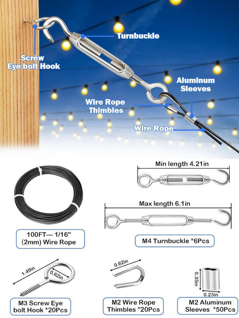 TooTaci 1/16 Wire Rope Kit, 100ft Black Vinyl Coated Stainless Steel Cable with M4 Turnbuckle Tensioner - Wire Trellis Kit for Climbing Plants, Outdoor String Light Hanging, Picture Hanging