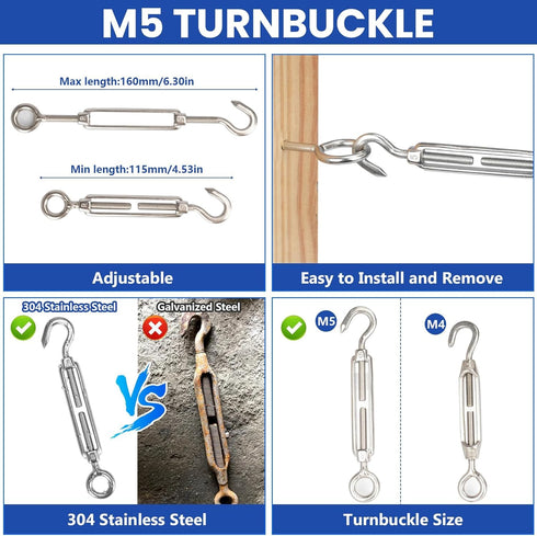 TooTaci 1/8" Wire Rope Kit, 50FT Vinyl Coated Stainless Steel Cable with M5 Turnbuckles for Cables Wire, String Light Hanging Kit for Garden Trellis, Curtain, Clothes line