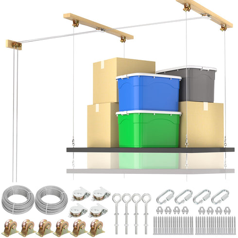TooTaci Cargo Box Pulley System for Garage, Heavy Duty Ceiling Storage Lift with 3 Metal Pulley Hold Up to 150lbs, Garage Hoist System for Kayak, Roof Box, Ladders, Easy Lift, Fit 10-14 Foot Ceilings