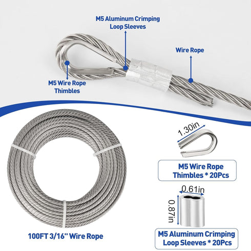 TooTaci 3/16" Stainless Steel Cable, 100ft Wire Rope with Aluminum Crimping Sleeve&Thimbles, 7x19 Strands, 3700lbs Breaking Strength Heavy Duty Aircraft Cable for Zipline, Deck Railing, Shade Sail