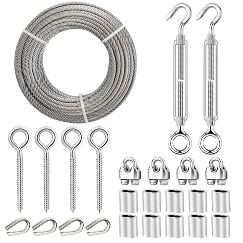 TooTaci 1/4 Stainless Steel Cable, 100ft 1/4 Wire Rope with Thimbles and Aluminum Crimping Sleeves, 7x19 Strands, 6400lbs Breaking Strength Heavy Duty Aircraft Cable for Yard Zipline, Boat Lift