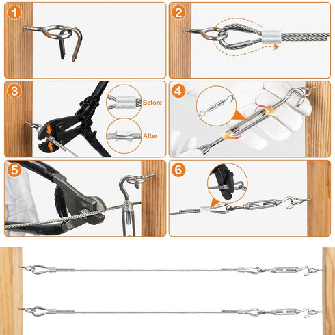 TooTaci 1/8" Stainless Steel Cable Wire Rope, 200ft Vinyl Coated Steel Cable with Wire Rope Crimping Tool & Cutter, Turnbuckles for Cables Wires, Hanging Clothes, String Lights Hanging