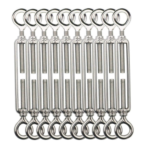 TooTaci 10PCS M10 Turnbuckle 304 Stainless Steel Turnbuckle Hook and Hook, Heavy Duty M6 M8 M10 Tensioner Adjustable Shade Sail Hardware for Cables Wire 3/16" 1/4" 5/16" /3/8", Trampoline, Tent, Tarps