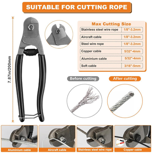 TooTaci 1/8" Stainless Steel Cable Wire Rope, 200ft Vinyl Coated Steel Cable with Wire Rope Crimping Tool & Cutter, Turnbuckles for Cables Wires, Hanging Clothes, String Lights Hanging