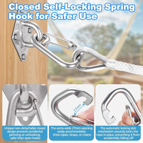 TooTaci 2Pack Hammock Hooks Hanging kit, Heavy Duty M10 Stainless Steel Pad Eye with Closed Snap Hooks, 1700 lbs Capacity Hammock Hanging Kit for Porch Swing Hanging, Wall Ceiling Mount Hanger